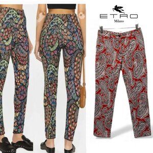 Etro Milano Red Paisley Print Women's Fitted Pants Size 42, High Waist, Slim Fit